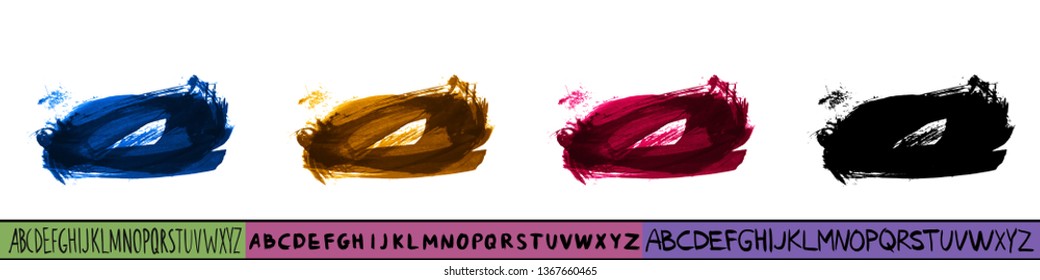Set of artistic brush stroke and handwritten alphabet. Various color options. Abstract hand - painted element for design. 