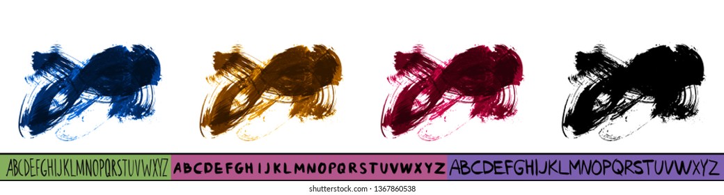 Set of artistic brush stroke and handwritten alphabet. Various color options. Abstract hand - painted element for design. 