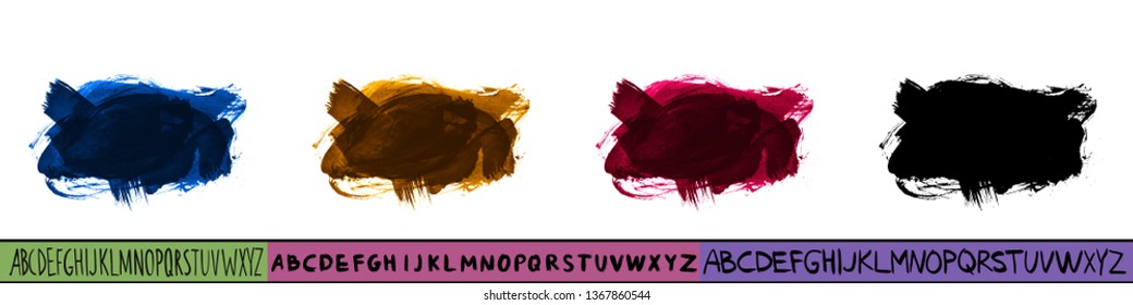 Set of artistic brush stroke and handwritten alphabet. Various color options. Abstract hand - painted element for design. 