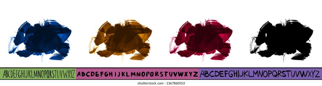 Set of artistic brush stroke and handwritten alphabet. Various color options. Abstract hand - painted element for design. 