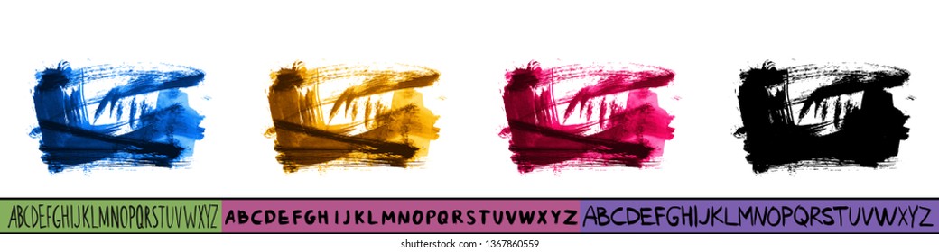 Set of artistic brush stroke and handwritten alphabet. Various color options. Abstract hand - painted element for design. 