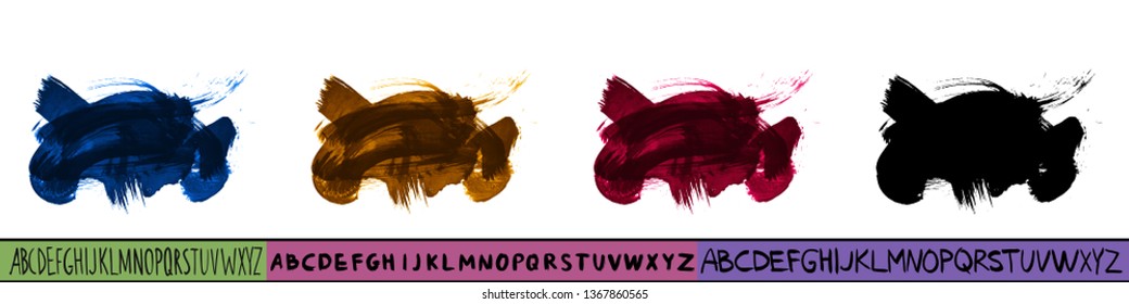 Set of artistic brush stroke and handwritten alphabet. Various color options. Abstract hand - painted element for design. 