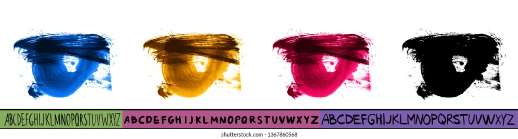Set of artistic brush stroke and handwritten alphabet. Various color options. Abstract hand - painted element for design. 
