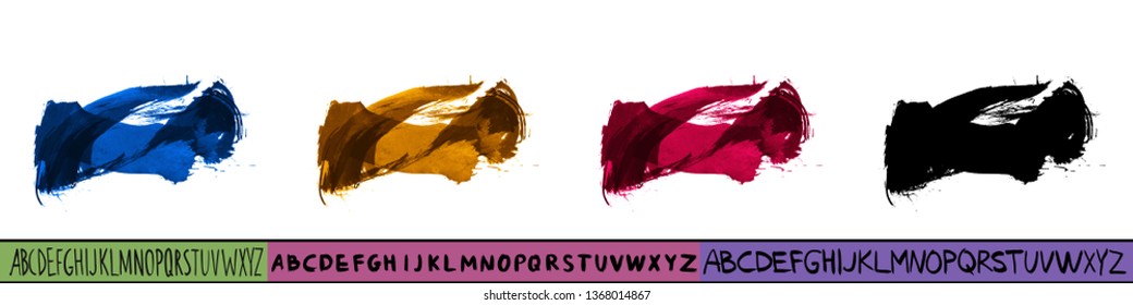 Set of artistic brush stroke and handwritten alphabet. Various color options. Abstract hand - painted element for design. 