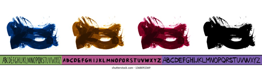 Set of artistic brush stroke and handwritten alphabet. Various color options. Abstract hand - painted element for design. 