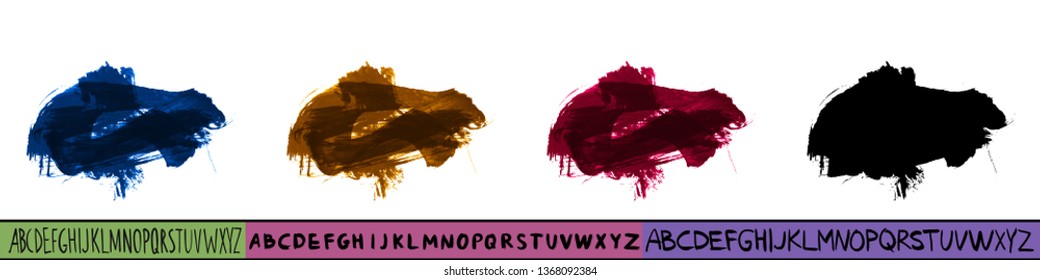 Set of artistic brush stroke and handwritten alphabet. Various color options. Abstract hand - painted element for design. 