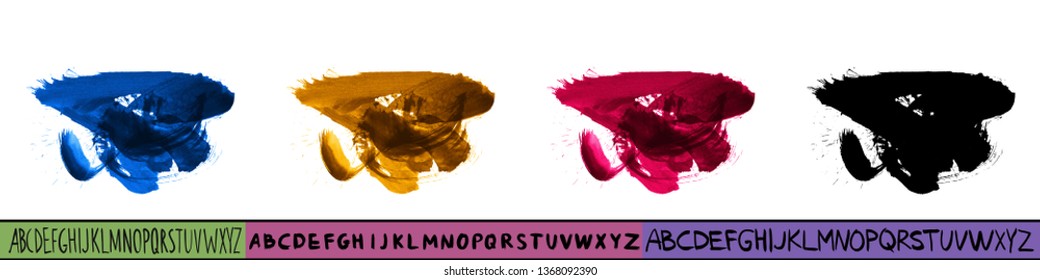 Set of artistic brush stroke and handwritten alphabet. Various color options. Abstract hand - painted element for design. 