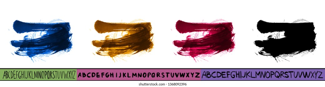 Set of artistic brush stroke and handwritten alphabet. Various color options. Abstract hand - painted element for design. 