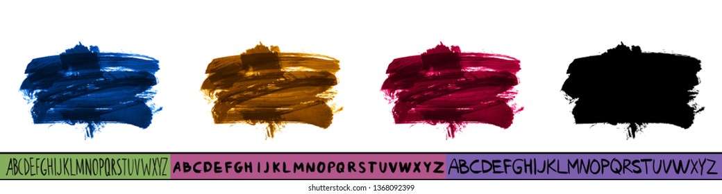 Set of artistic brush stroke and handwritten alphabet. Various color options. Abstract hand - painted element for design. 