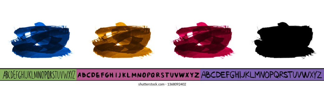 Set of artistic brush stroke and handwritten alphabet. Various color options. Abstract hand - painted element for design. 