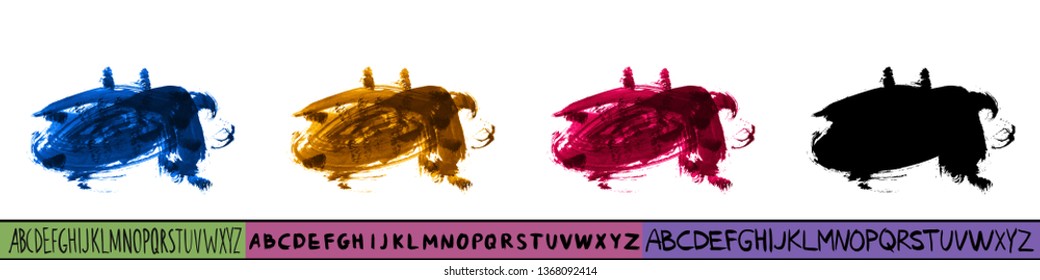 Set of artistic brush stroke and handwritten alphabet. Various color options. Abstract hand - painted element for design. 
