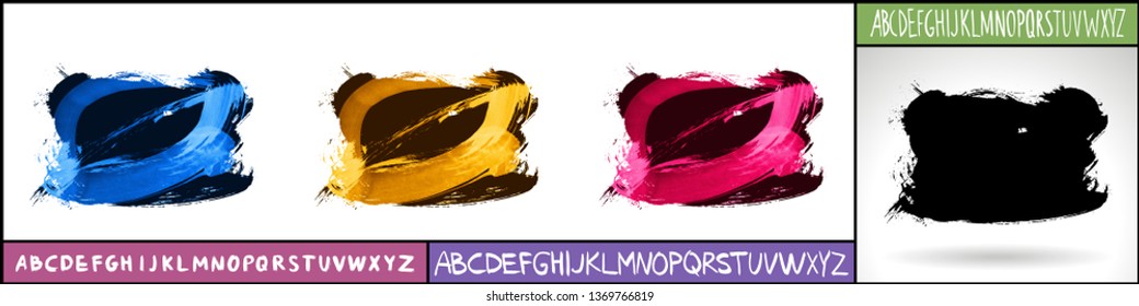 Set of artistic brush strokes and handwritten alphabet. Various color options. Abstract hand - painted element for design. 