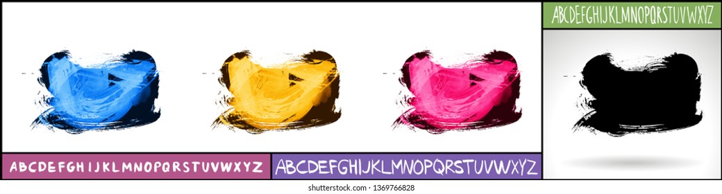 Set of artistic brush strokes and handwritten alphabet. Various color options. Abstract hand - painted element for design. 