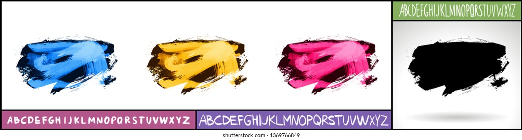 Set of artistic brush strokes and handwritten alphabet. Various color options. Abstract hand - painted element for design. 