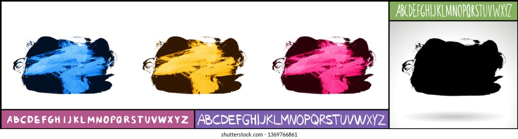 Set of artistic brush strokes and handwritten alphabet. Various color options. Abstract hand - painted element for design. 