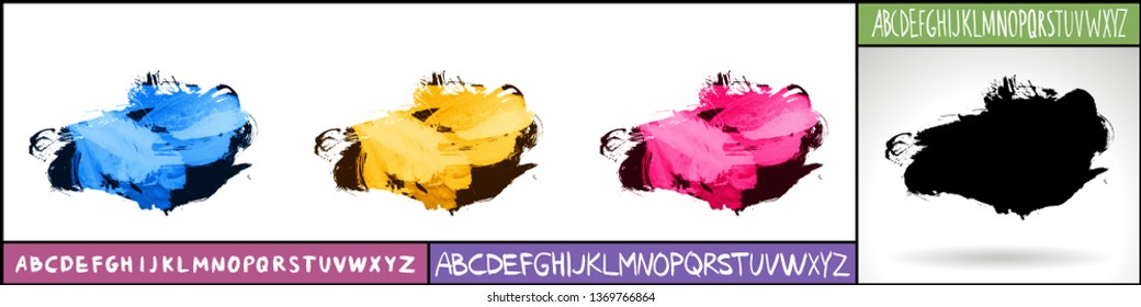 Set of artistic brush strokes and handwritten alphabet. Various color options. Abstract hand - painted element for design. 