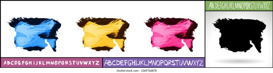 Set of artistic brush strokes and handwritten alphabet. Various color options. Abstract hand - painted element for design. 