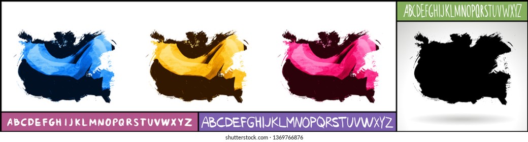 Set of artistic brush strokes and handwritten alphabet. Various color options. Abstract hand - painted element for design. 
