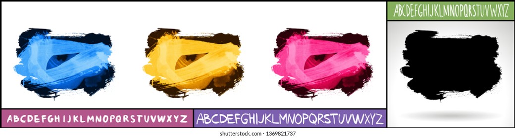Set of artistic brush strokes and handwritten alphabet. Various color options. Abstract hand - painted element for design. 