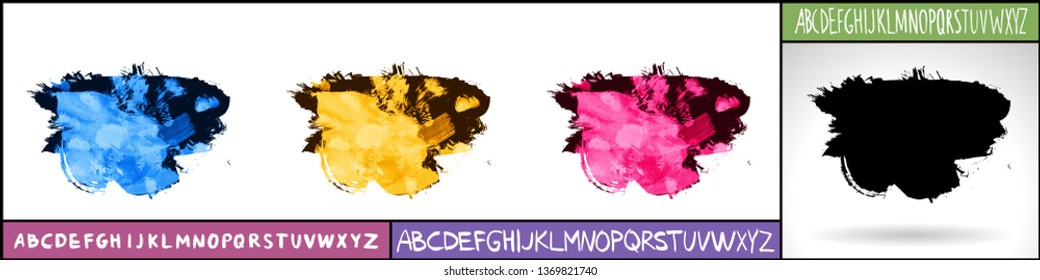 Set of artistic brush strokes and handwritten alphabet. Various color options. Abstract hand - painted element for design. 