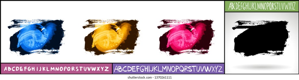Set of artistic brush strokes and handwritten alphabet. Various color options. Abstract hand - painted element for design. 