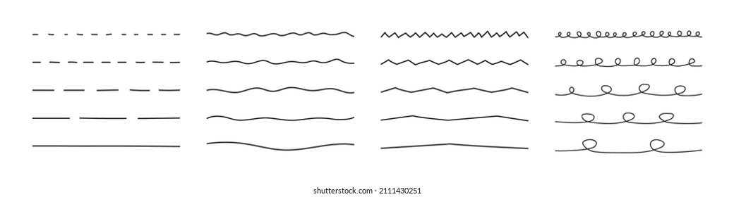 A set of artistic brushes for pen and wavy horizontal lines. A set of hand-drawn markers isolated on a white background. Doodle style. Vector illustration