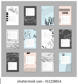 Set of artistic business cards. Templates with hand drawn textures. White frame can be easily removed. Vector. Isolated.