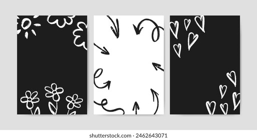 Set of artistic cards with hand drawn chalk flower, arrow and heart shapes. Children marker abstract scribbles. Black pencil sketches. Scrawl elements for social media design.