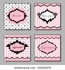 Set of artistic cards in pink and black colors. Vintage style vector illustration. Wedding invitation, party, template