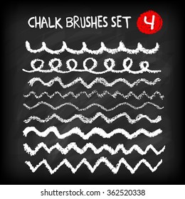 Set of artistic chalk brushes. Lines and waves texture. Hand drawn elements on chalkboard background. Grunge loops and zigzags on blackboard texture. Vector illustration. 