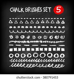 Set of artistic chalk brushes. Vector circles, waves and scribbles. Hand drawn design elements on chalkboard background. Grunge designer brushes on blackboard. Chalk strokes. Vector illustration. 