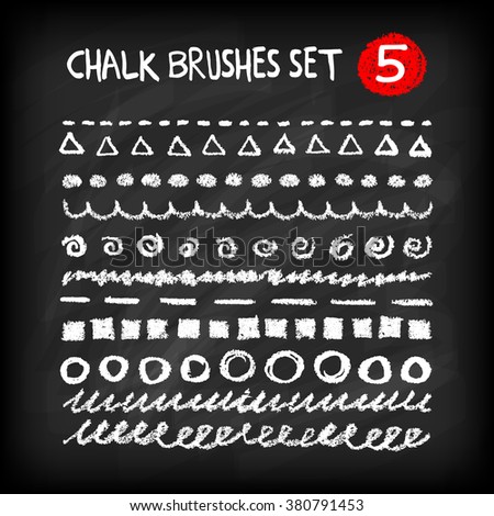 Set of artistic chalk brushes. Vector circles, waves and scribbles. Hand drawn design elements on chalkboard background. Grunge designer brushes on blackboard. Chalk strokes. Vector illustration. 