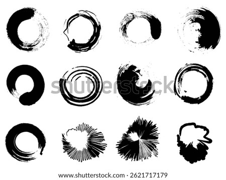 Set of Artistic Circular Brush Stroke Elements – Abstract Ink Enso Circles for Creative Logos, Zen Art, and Design Accents.

