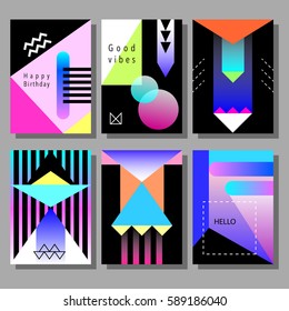 Set of artistic colorful cards. Memphis trendy style. Covers with flat geometric pattern. Cool colorful backgrounds. Vector illustration