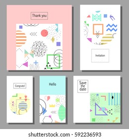 Set of artistic colorful cards. Memphis trendy style. Covers with flat geometric pattern. Cool colorful backgrounds. Vector illustration