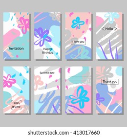 Set of artistic colorful universal cards. Brush textures. Wedding, anniversary, birthday, holiday, party. Vector illustration