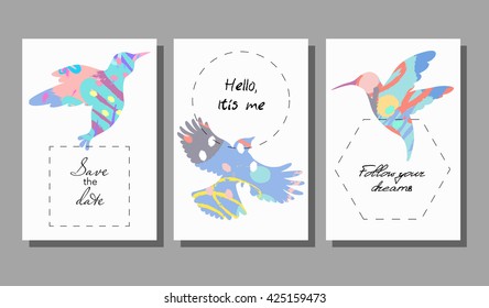 Set of artistic colorful universal cards. Brush textures. Wedding, anniversary, birthday, holiday, party. Design for poster, card, invitation.