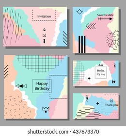 Set of artistic colorful universal cards. Wedding, anniversary, birthday, holiday, party. Design for poster, card, invitation. Memphis style