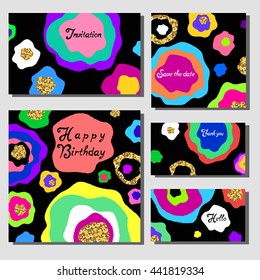 Set of artistic colorful universal cards. Wedding, anniversary, birthday, holiday, party. Design for poster, card, invitation. With golden glitter texture. Vector illustration