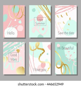 Set of artistic colorful universal cards. Wedding, anniversary, birthday, holiday, party, summertime. Design for poster, card, invitation. With golden glitter texture