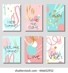 Set of artistic colorful universal cards. Wedding, anniversary, birthday, holiday, party, summertime. Design for poster, card, invitation. With golden glitter texture