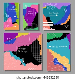 Set of artistic colorful universal cards. Wedding, anniversary, birthday, holiday, party. Design for poster, card, invitation. Memphis style vector illustration