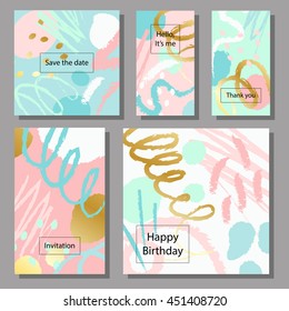 Set of artistic colorful universal cards. Wedding, anniversary, birthday, holiday, party, summertime. Design for poster, card, invitation. With golden glitter texture