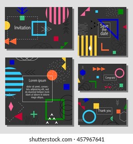 Set of artistic colorful universal cards. Wedding, anniversary, birthday, holiday, party. Design for poster, card, invitation. Memphis style