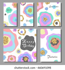 Set of artistic colorful universal cards. Wedding, anniversary, birthday, holiday, party. Design for poster, card, invitation. With golden glitter texture. Vector illustration
