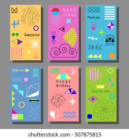 Set of artistic colorful universal cards. Wedding, anniversary, birthday, holiday, party. Design for poster, card, invitation. Memphis style