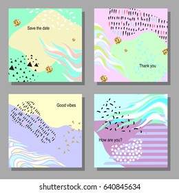 Set of artistic colorful universal cards. Memphis style. Wedding, anniversary, birthday, holiday, party. Design for poster, card, invitation. Vector illustration