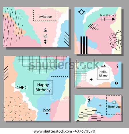 Set of artistic colorful universal cards. Wedding, anniversary, birthday, holiday, party. Design for poster, card, invitation. Memphis style