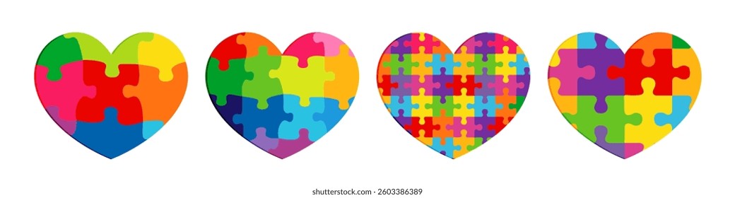 Set of artistic coloured hearts with puzzles in the backdrop and isolated clipping mask. Cute colorful concept. Clip art collection. Educational icons. 3D cut paper template. Rug design. T shirt logo