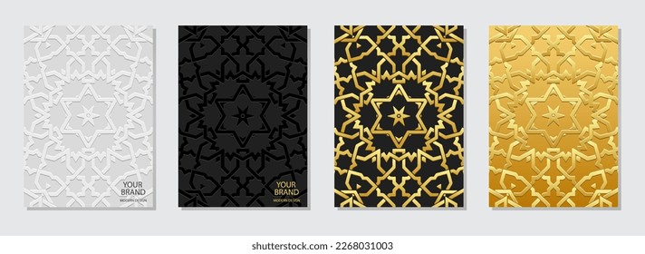 Set of artistic covers, vertical templates. Collection of relief geometric backgrounds with 3D pattern, press paper. Themes of the East, Asia, India, Mexico, Aztecs, Peru. Ethnic boho motifs.